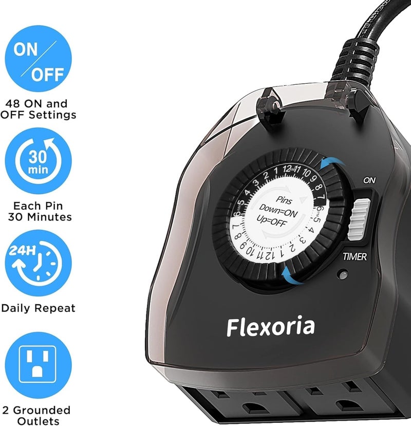 Flexoria Outdoor Timer Outlet Waterproof, 24 Hour Mechanical Plug in Light Timer, 2 Grounded Outlets for Christmas Lights, 15A 1/2 HP, ETL Listed (1 Pack) - Image 2